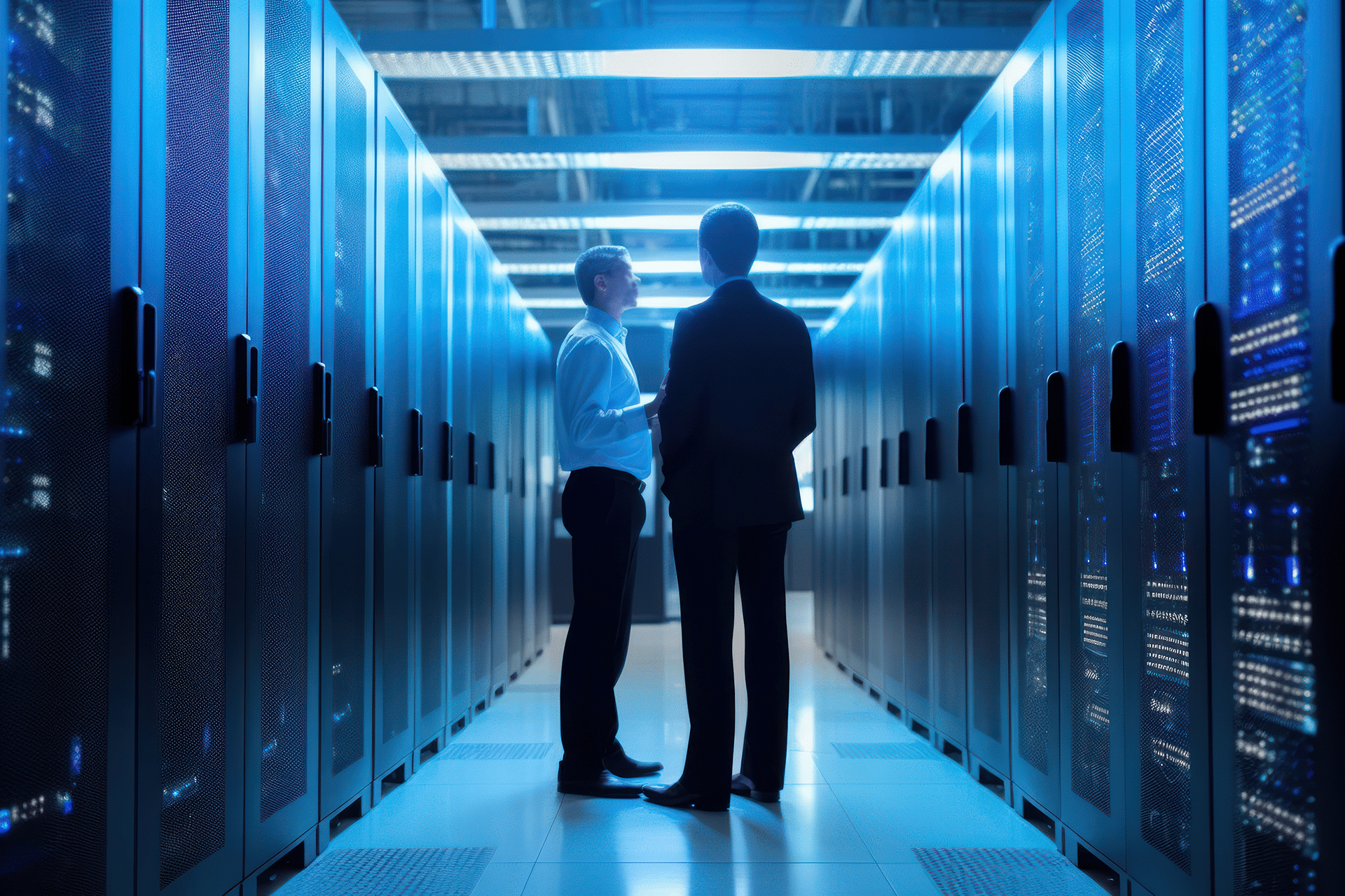 Zwei Personen, die vor mehreren Serverracks in einem technisch ausgestatteten Serverraum stehen und die Netzwersicherheit überprüfen.